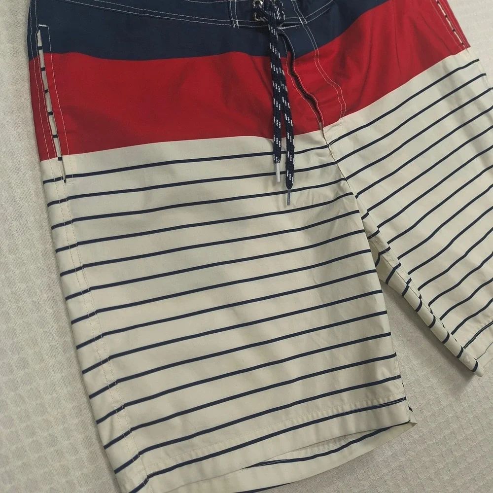 Lands End Mens XL Swim Trunks Board Shorts Red Blue White Striped Colorblock